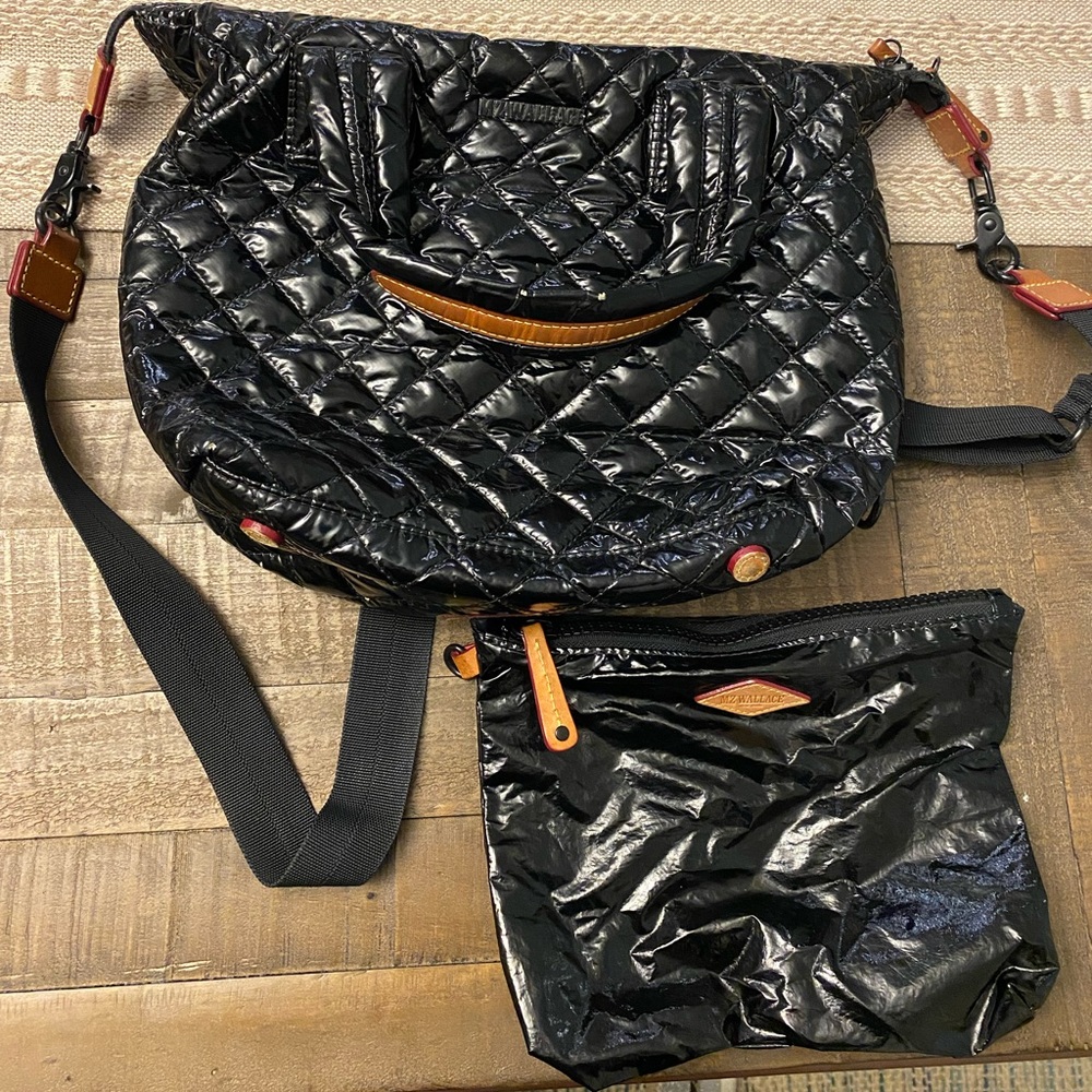 MZ Wallace Black Quilted Crossbody Bag with Tan Accents